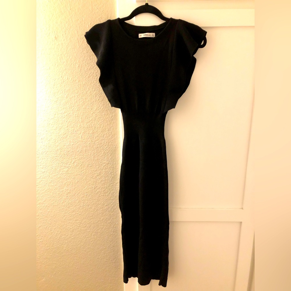 Zara Black Flounce Sleeve Bodycon Midi Dress